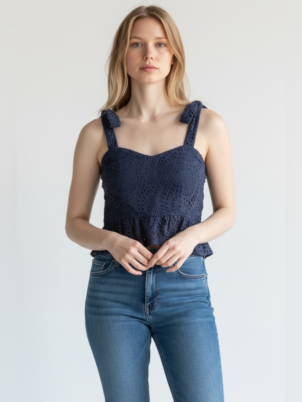 Keepsake Eyelet Embroidery Crop Top Navy Blue Sz M NWOT